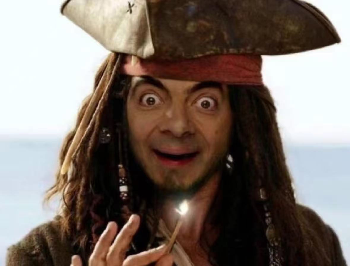 Meme face swap result created with AI face swap tool showing a humorous new face on the same pirate character.