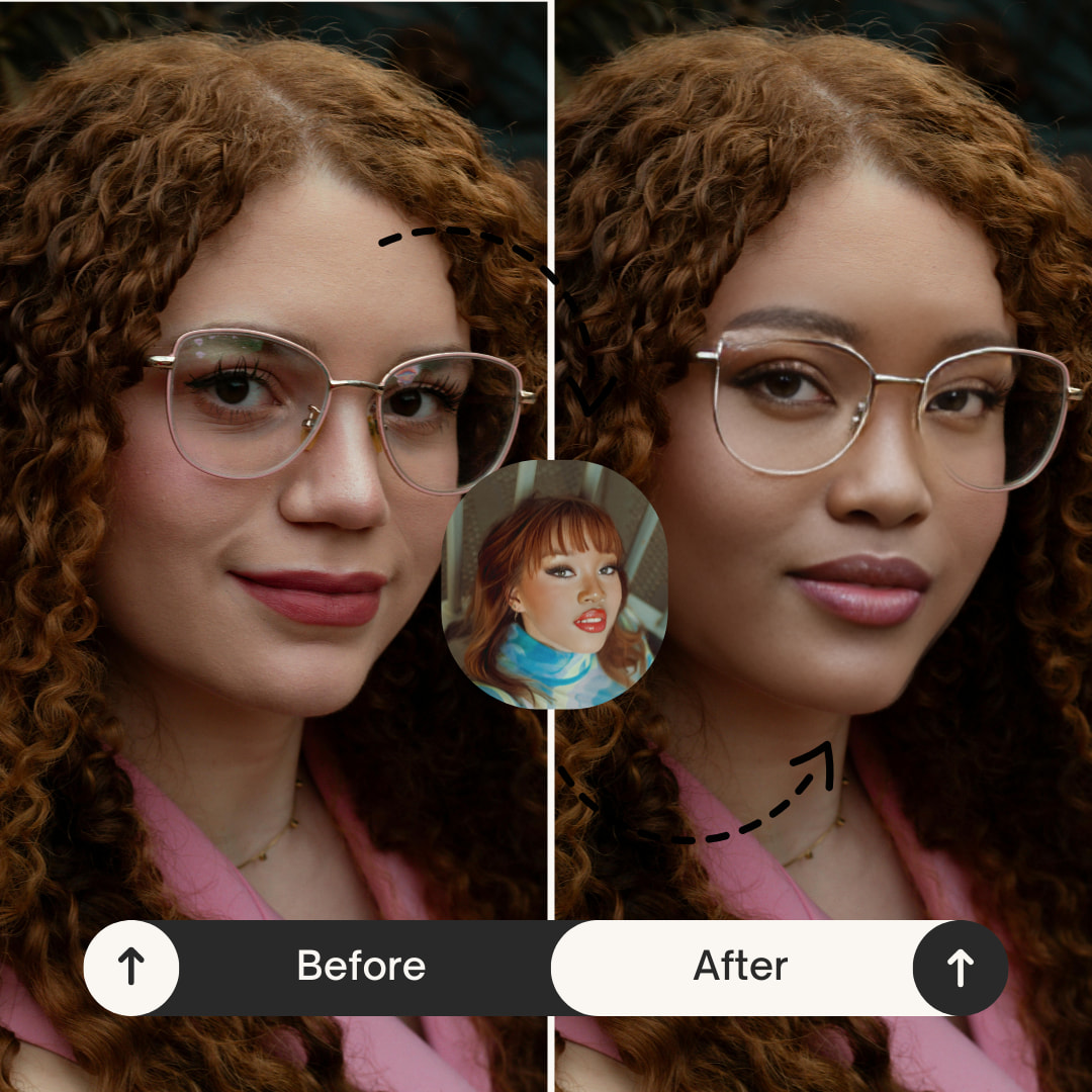 AI face swap comparison of a woman with curly hair and glasses.